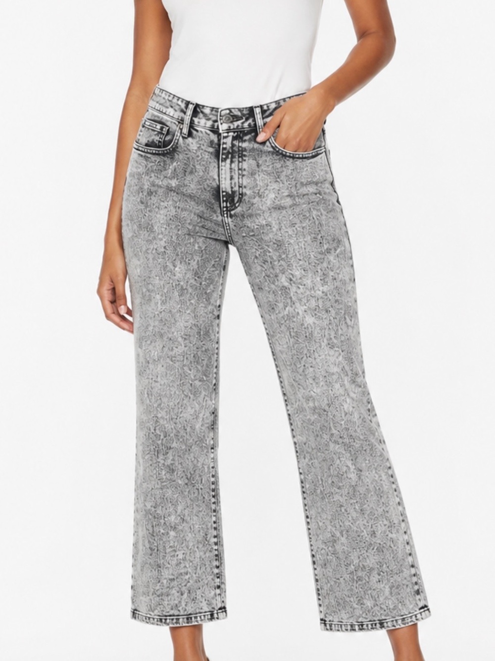Norma Kamali Grey Acid-Wash Flare Jeans